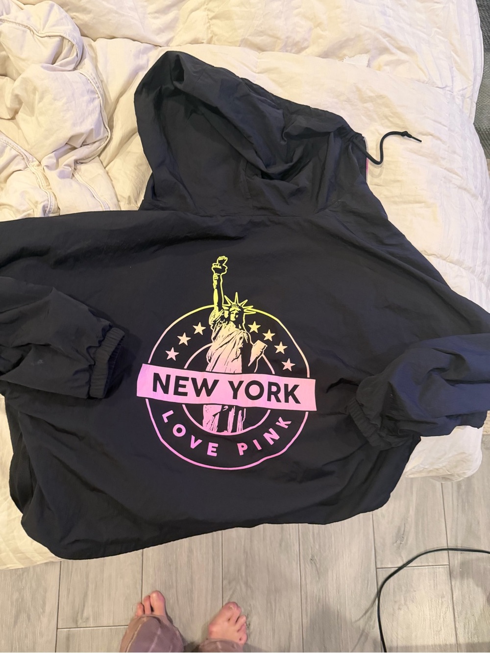 PINK Victoria's Secret Black Hoodie with Pink & Yellow New York Graphic
